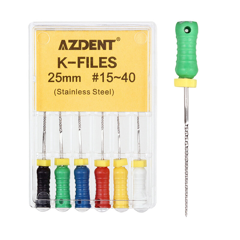 AZDENT-الفولاذ المقاوم للصدأ K-الملفات لقناة الجذر اللبية ، أدوات طبيب الأسنان ، أدوات مختبر الأسنان ، الاستخدام اليدوي ، 21 مللي متر ، 25 مللي متر ، 6 قطعة لكل صندوق