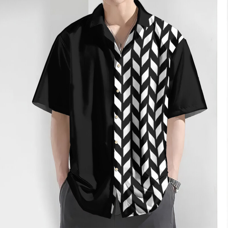 قميص رجالي مخطط ثلاثي الأبعاد بأكمام قصيرة ، أزرار علوية بسيطة ، تي شيرت غير رسمي للشارع ، بلوزة عصرية ، هاواي للصيف ،