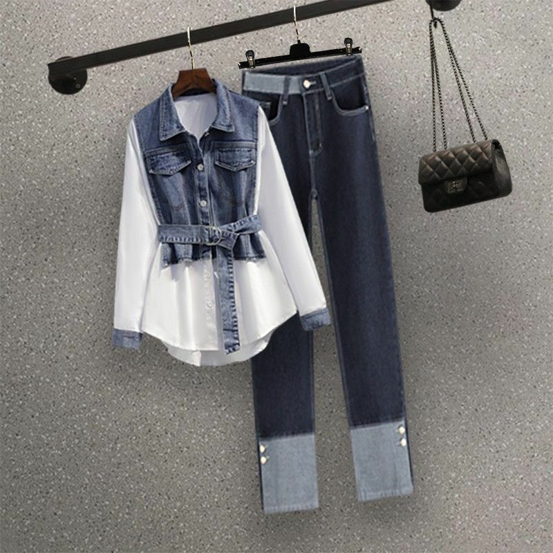 النسخة الكورية قميص التخسيس للنساء ، طقم من قطعتين ، تقليل العمر ، جينز الشارع البوب ، أزياء الربيع والخريف ، جديد