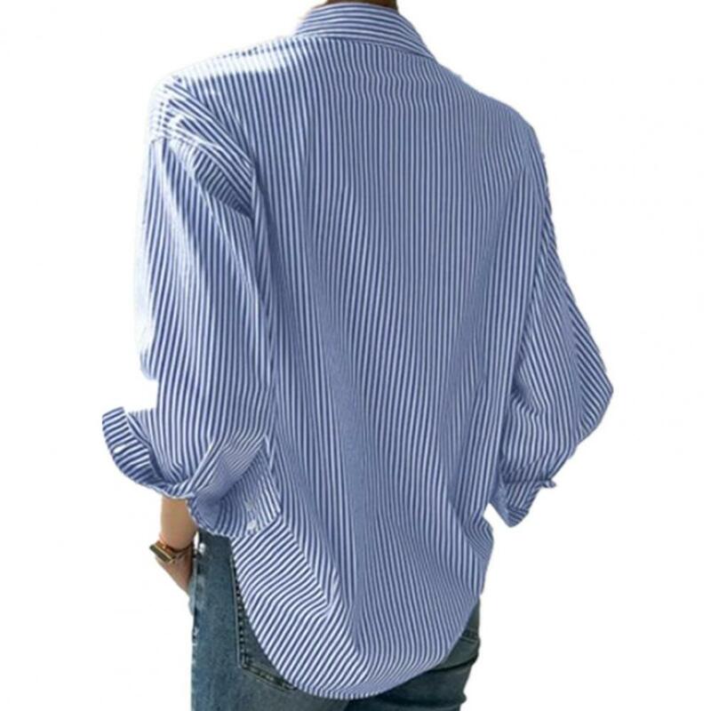 قميص نسائي كاجوال مخطط عمودي مطبوع ، قميص فضفاض مناسب ، طية صدر أنيقة ، أكمام طويلة ، مكتب ، أنيق