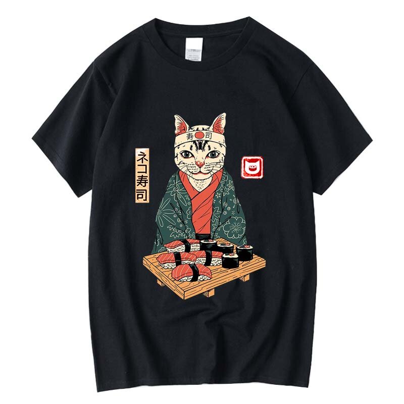 الرجال اليابانية مجردة Harajuku القط الغذاء السوشي ثلاثية الأبعاد الطباعة تي شيرت ، س الرقبة ، قصيرة الأكمام ، حجم كبير ، فضفاض رداء علوي غير رسمي ، الصيف ، 6X #2