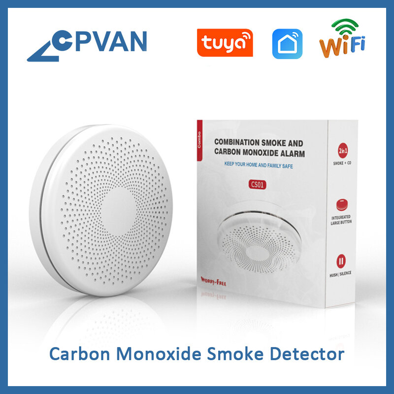 كاشف أول أكسيد الكربون للدخان من CPVAN ، 2 في 1 ، WiFi ، Tuya والحياة الذكية ، مستشعر الحريق ، دخان الجمع وإنذار أول أكسيد الكربون