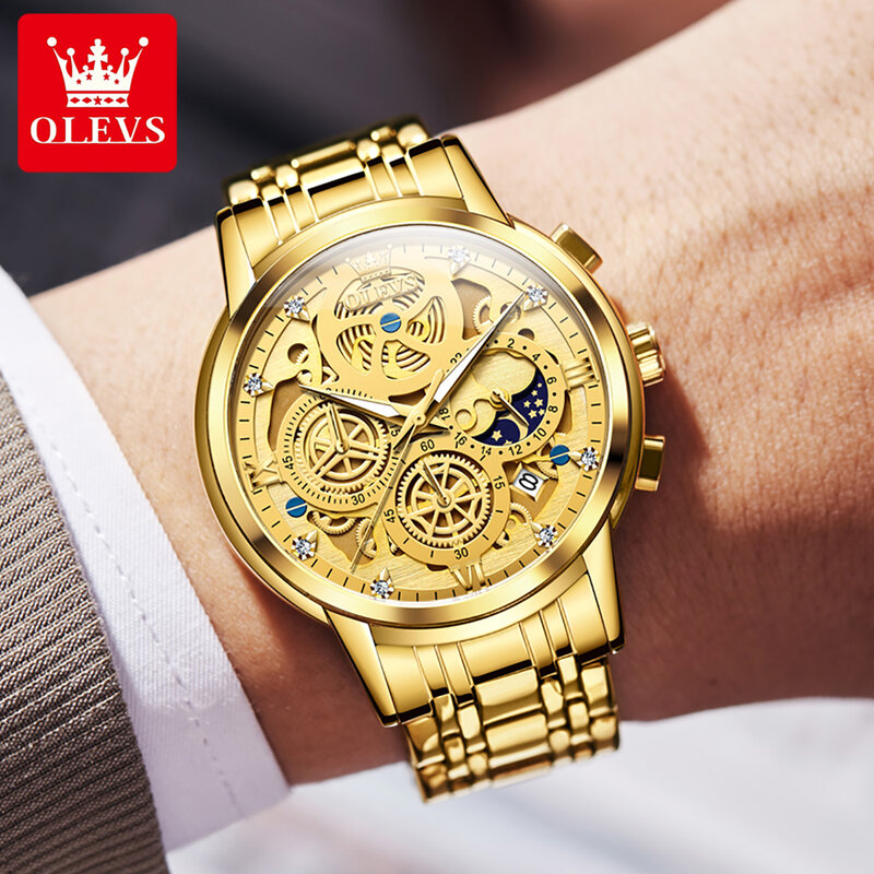 ساعة أوليف-كوارتز ذهبية فاخرة للرجال ، فولاذ مقاوم للصدأ ، مقاومة للماء ، كرونوغراف بهيكل عظمي ، ساعات يد رجالية ، علامة تجارية مشهورة