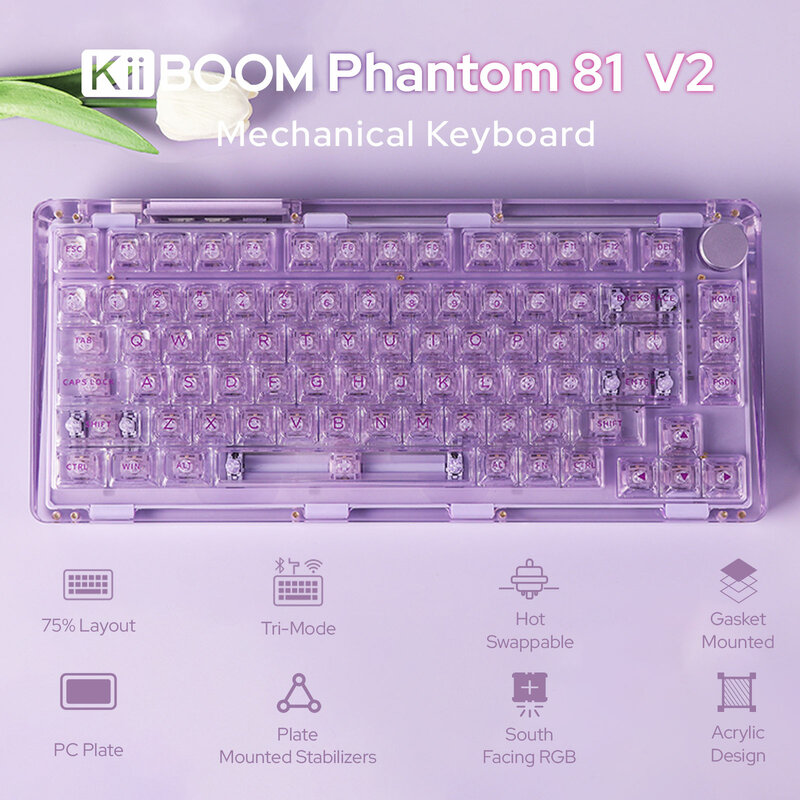 لوحة مفاتيح ميكانيكية لاسلكية 81 مطور من kiiiboom ، حشية كريستالية مطورة ، مركبة ، سلكي ، بلوتوث ، من نوع whot-GHz ، قابلة للتبديل السريع