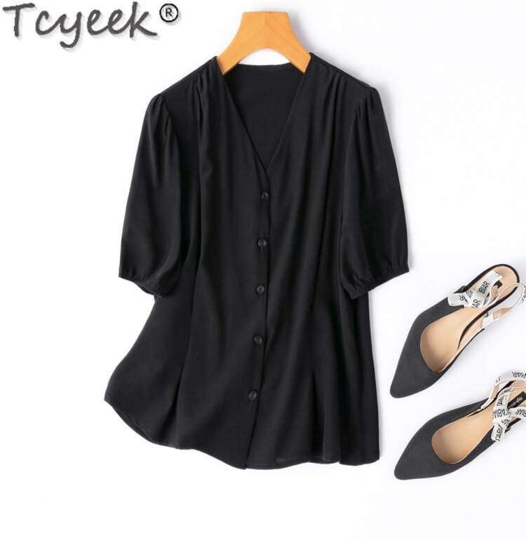 Tcyeek-حرير توت حقيقي للنساء ، قمم بأكمام منفوخة ، قميص أسود ، قمصان الموضة ، حقيقي ، الربيع ، الصيف ،