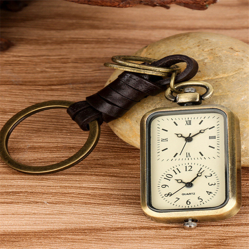 ساعة جيب كوارتز للرجال والنساء ، منطقة زمنية مزدوجة ، شكل مستطيلي ، قلادة تناظرية ، ساعة حلقة رئيسية ، موضة قديمة ، هدية