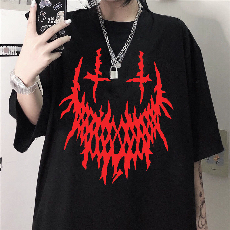 2022 ملابس الشارع الشهير الجديدة قميص مطبوع الشيطان الداكن للجنسين قصيرة الأكمام القوطية Harajuku المتضخم WomenT-قميص الهيب هوب تي شيرت الرجال
