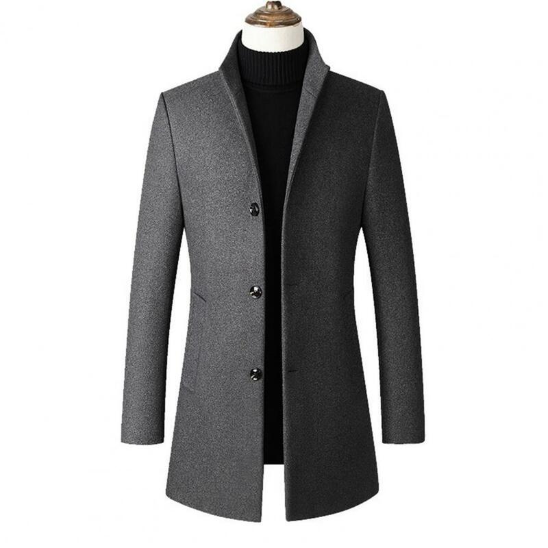 مستقيم أحادية اللون خندق معطف للرجال ، الوقوف طوق ، واحدة الصدر سترة ، طويلة الأكمام سترة ، سميكة Warm ، ملابس خارجية غير رسمية