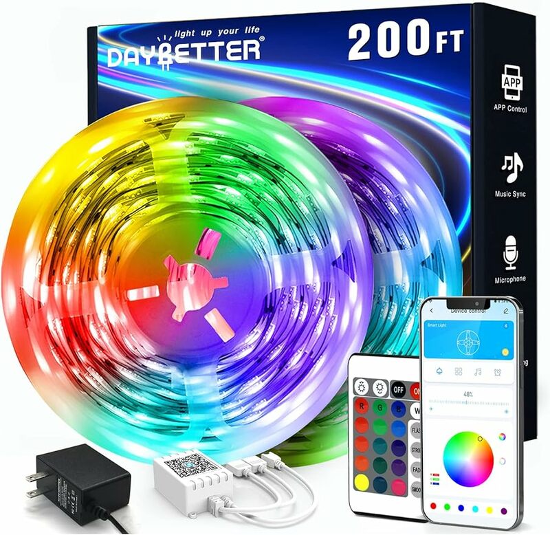 Daybreter-أضواء شريط LED ذكية مع تحكم بتطبيق وجهاز تحكم عن بعد ، مزامنة موسيقى RGB ، أضواء متغيرة الألوان ، 200 قدم ، 100 قدم ، 2 لفات