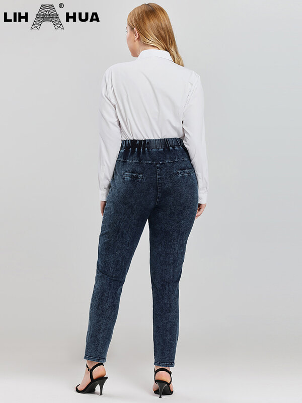 ليه هوا المرأة حجم كبير الجينز سقوط عالية تمتد القطن متماسكة سراويل جينز جينز عادية لينة