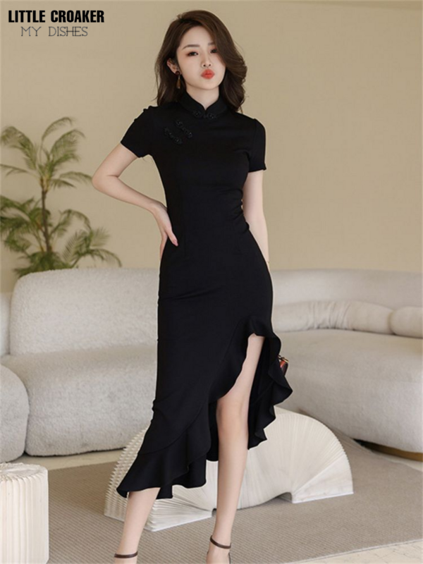 المرأة تشيباو هذا العام Dithering سونيك فستان متفجر هو النمط الصيني الجديد غير النظامية زر شيونغسام شق فستان ذيل السمكة
