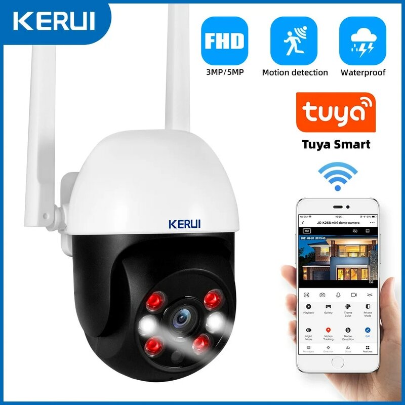 KERUI-Tuya كاميرا قبة ذكية للأمن المنزلي في الهواء الطلق ، PTZ ، واي فاي ، IP ، لاسلكي ، تكبير رقمي 4X ، مراقبة فيديو CCTV ، 3MP ، 5MP