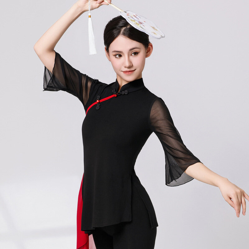 شيونغسام الكلاسيكية للنساء البالغات ، بلوزة رقص شرقية ، قميص أسود رقبة لاتينية ، تشيباو الصينية ، ملابس الرقص الحديثة ، أنثى ، جديد ، 2023