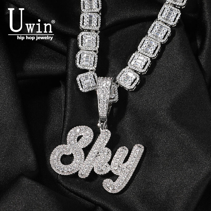 Uwin Custom Name Necklace  Brush Cursive Letter With Small Baguette Chain Iecd Out Full Iced Out Zircon Pendant Gift HipHop