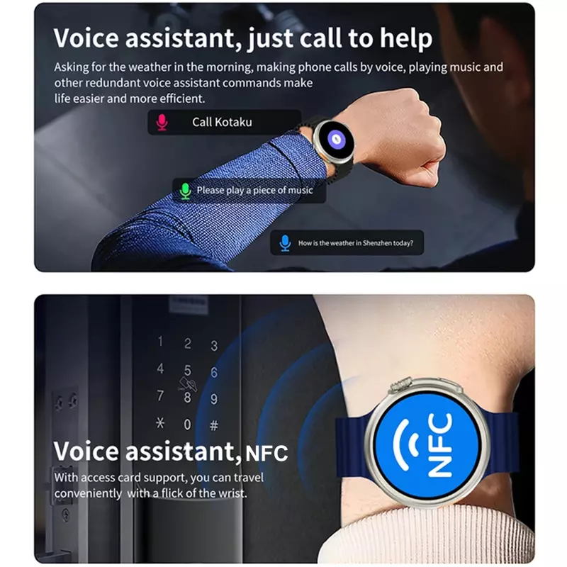 Z78 Ultra NFC ساعة ذكية ، شحن لاسلكي ، شاشة دائرية ، مساعد صوت للألعاب AI ، معدل ضربات القلب ، الساعات الرياضية