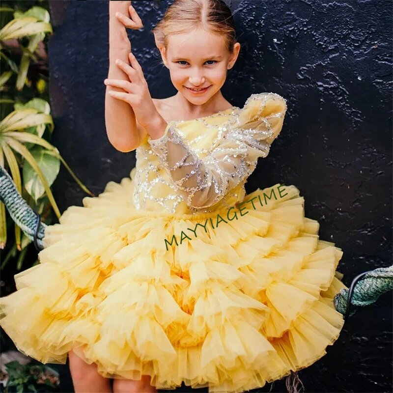 طبقات صفراء فستان منتفخ لطفلة ، فساتين زهرة فتاة ، فستان أميرة لطيف ، فستان حفل زفاف ، أطفال