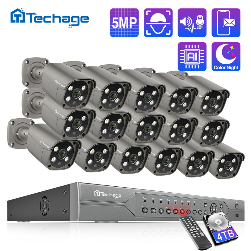 Techage 16CH 5MP POE طقم NVR نظام كاميرا الأمن اتجاهين الصوت H.265 IP AI كاميرا في الهواء الطلق P2P CCTV مجموعة مراقبة الفيديو