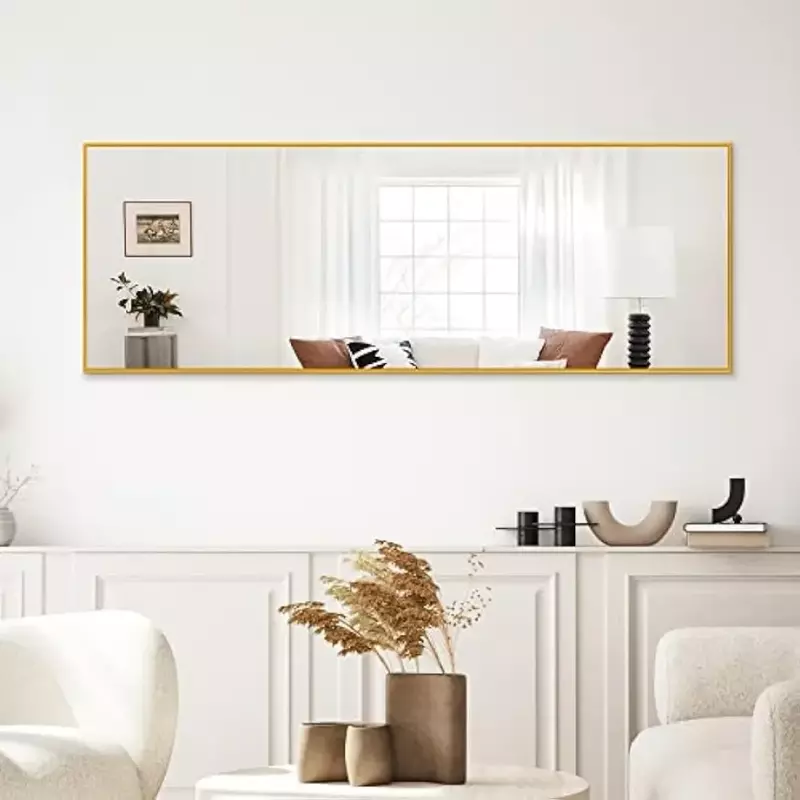 مرآة زينة من الأرض إلى السقف مع حامل ، إطار من الألومنيوم ، بطول كامل ، مثبت على الحائط ، ذهبي ، 60x20