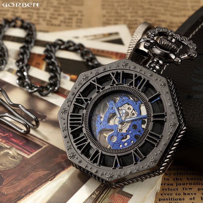 الكلاسيكية سداسية الميكانيكية ساعة الجيب فوب سلسلة Steampunk الأرقام الرومانية الطلب الهيكل العظمي الذهبي الجوف الصلب رجالي ساعة الجيب