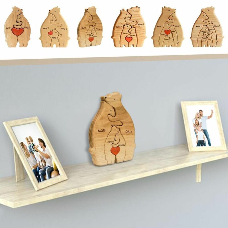 تمثال عائلة الدب الخشبي ، اسم DIY بها بنفسك ، لغز القلب ، زخرفة سطح المكتب ، ديكور طاولة المنزل ، عيد الأم ، هدية عيد ميلاد