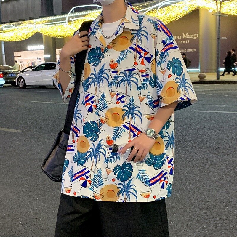 ويفي!! قميص رجالي من الحرير الجليدي بأكمام قصيرة ، قميص شاطئ رقيق ، معطف هاواي فضفاض ، معطف صيفي ،