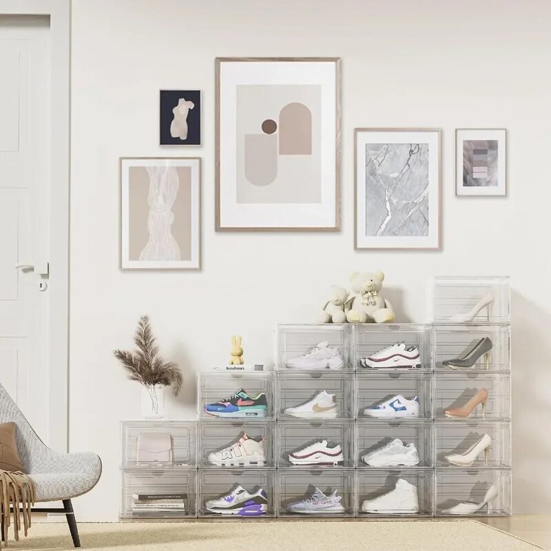 صندوق عرض أحذية قابل للسحب الجانبي ، ديكور شفاف ، غرفة معيشة ، مدخل ، بلاستيك شفاف ، صناديق أحذية قابلة للتكديس ، 9 عبوات