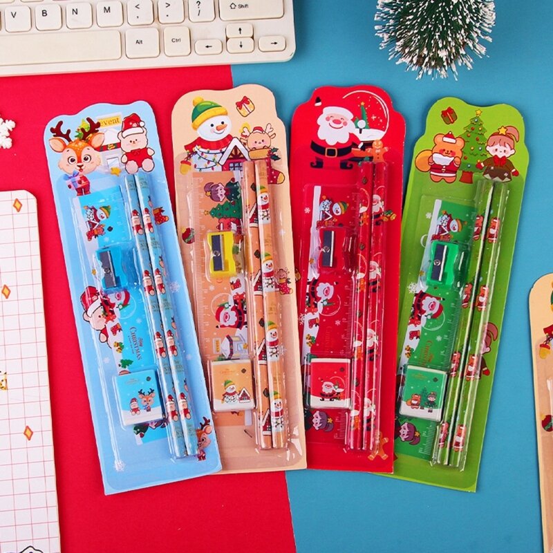 8 مجموعات من أدوات قرطاسية عيد الميلاد هدية عيد الميلاد للأطفال الطلاب، بما في ذلك أقلام عيد الميلاد والممحاة والمساطر ودروبشيب