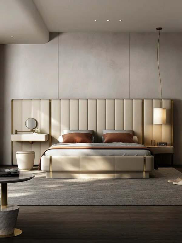 النمط الإيطالي الحد الأدنى الجلود إضاءة السرير الفاخرة الحديثة فيلا الراقية أصيلة الأثاث ماستر غرفة نوم جلد كامل سرير حجم كينج