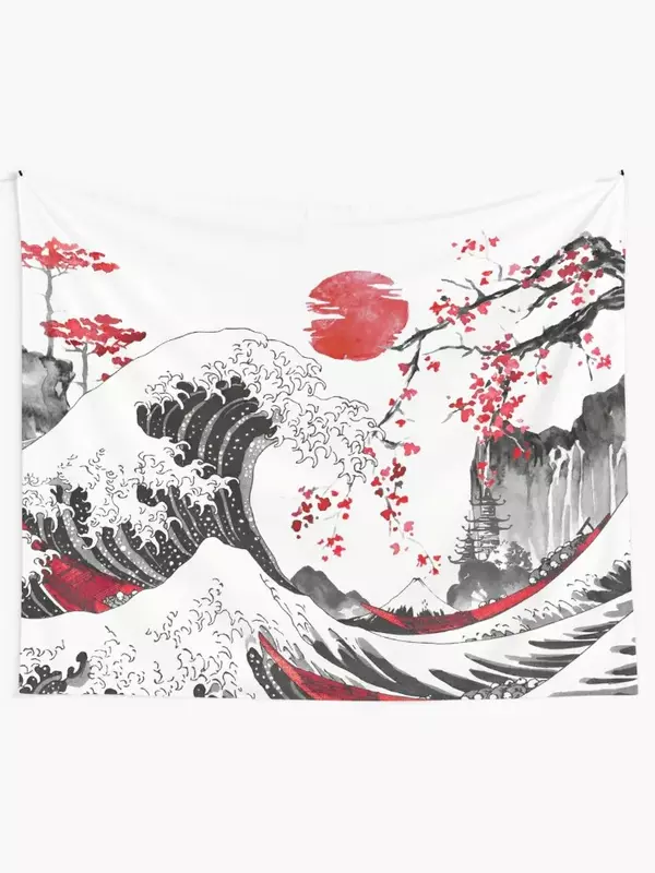 لوحة فنية بموجة كبيرة من هوكوساي سومي-ه بألوان مائية ، فن ياباني ، نسيج أسود وأحمر ، ديكور غرفة النوم