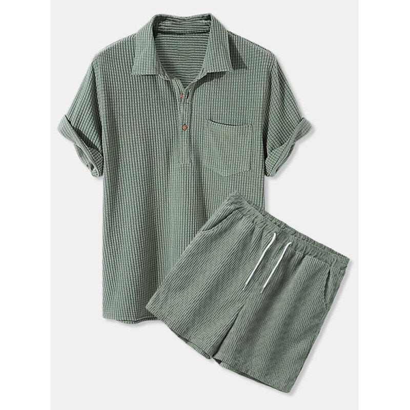 طقم قمصان رجالي صيفي رفيعة من القماش المخملي ذو أكمام قصيرة تسمح بالتهوية قمصان وشورت رجالي مع بدلة جيب رياضية