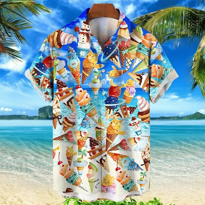 قميص هاواي للرجال مطبوع عليه آيس كريم ، بلوزة بأكمام قصيرة إسبانية ، ملابس شارع صيفية ، حفلة شاطئ عصرية ، ملابس اجتماعية