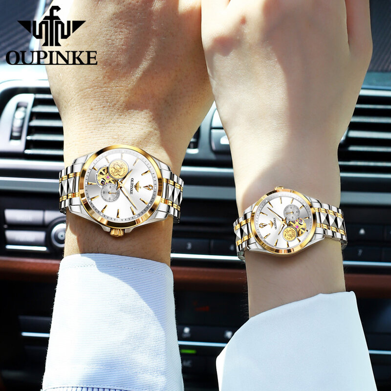 OUPINKE-التنين فينيكس التلقائي الميكانيكية زوجين ساعة ، الذهب الحقيقي ، الماس ، له ولها توقيت ، العلامة التجارية الفاخرة ، هدية