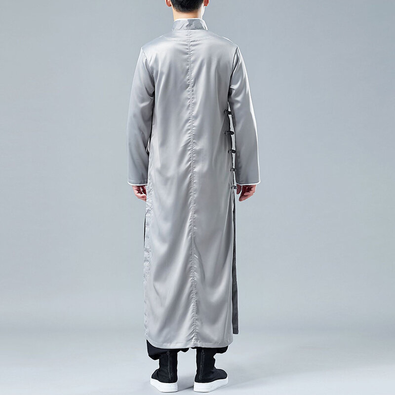 نمط طويل الرجال الحرير رداء النمط الصيني التقليدي الوقوف طوق الجانب الصدر الضفدع إغلاق معطف طويل رجالي