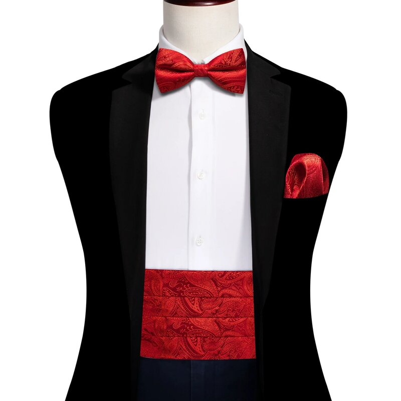 الزفاف الأحمر الحرير Cummerbund للرجال رائعة بيزلي ربطة العنق منديل أزرار أكمام مجموعات العريس حفلة الأعمال باري. وانغ 1070