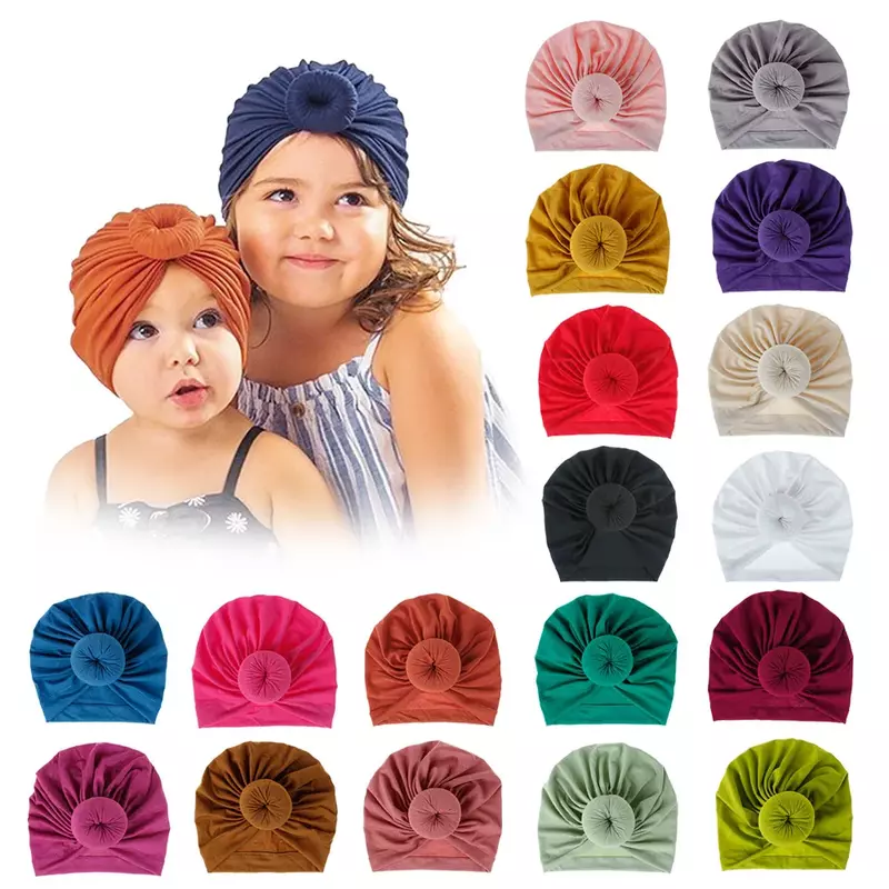 قبعة قطنية مستديرة مع كرة زهور للأم والطفل ، عمامة لحديثي الولادة ، عقدة للأطفال والكبار ، إكسسوارات شعر