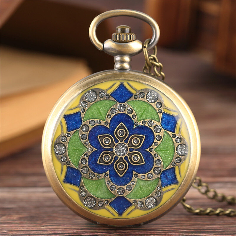 ساعة جيب بتصميم زهرة كريستالية للرجال والنساء ، حركة كوارتز ، عرض أرقام عربية ، قلادة ، سلسلة هدايا ، موضة قديمة