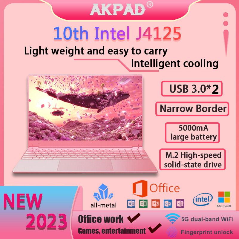AKPAD 15.6 بوصة الوردي كمبيوتر محمول ويندوز 11 10 برو 1920*1080 رخيصة المحمولة إنتل المحمول D4 12G RAM 128GB/256GB/512GB/1 تيرا بايت SSD المزدوج