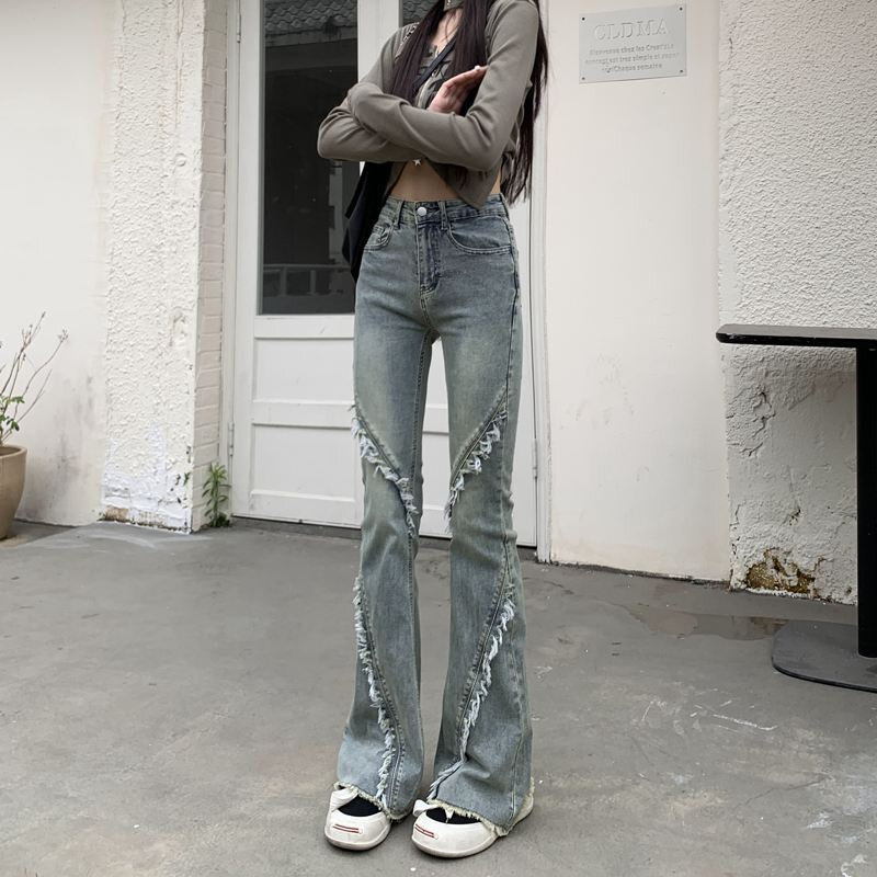 جينز نوستالجيا مع حافة خام للنساء ، بنطلون صغير ، تصميم قديم ، نحيف ، خصر عالي ، حدوة حصان ، مضيئة ، بنطلون طويل