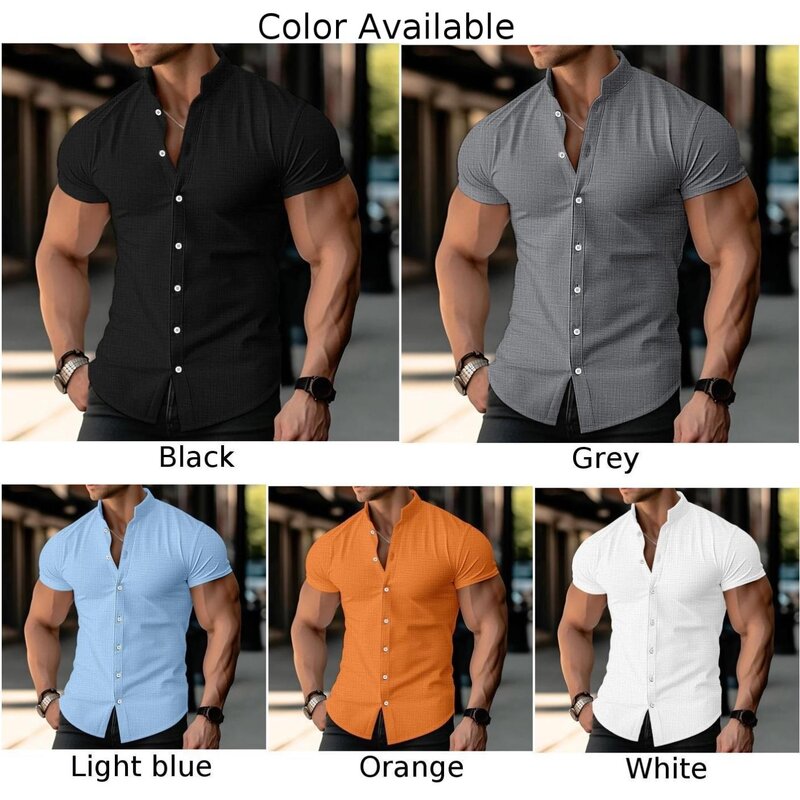 قميص رجالي عادي من البوليستر ، بلوزة بياقة ، زر لأسفل ، كاجوال ، مريح ، عضلات لياقة بدنية ، لون ثابت ، 1 1.2