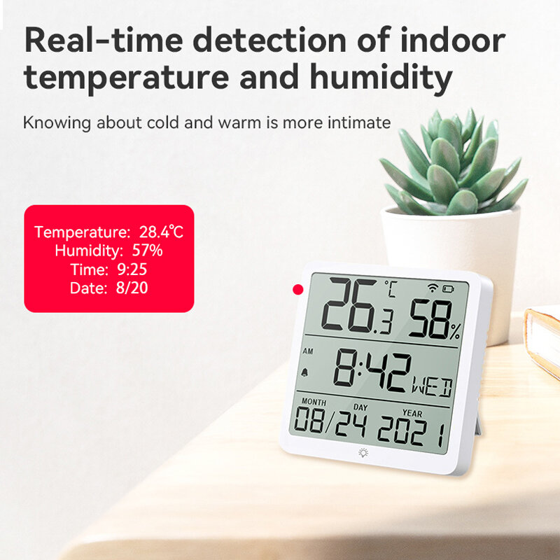 Tuya الذكية واي فاي استشعار درجة الحرارة والرطوبة ، والإضاءة الخلفية ، وشاشة LCD ، ميزان الحرارة المنزل ، ودعم اليكسا ، جوجل المنزل ، صوت