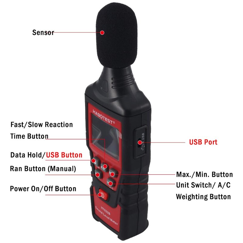 مقياس مستوى الصوت الرقمي HABOTEST HT622B 30-130dBA/35-130dBC جهاز قياس الضوضاء صغير محمول احترافي