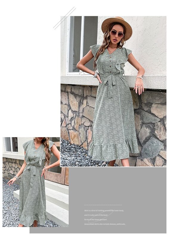 جديد المرأة فستان طباعة عالية الخصر الأخضر الرجعية فساتين امرأة الملابس ببساطة الصيف عطلة ملابس السيدات غير رسمية #4