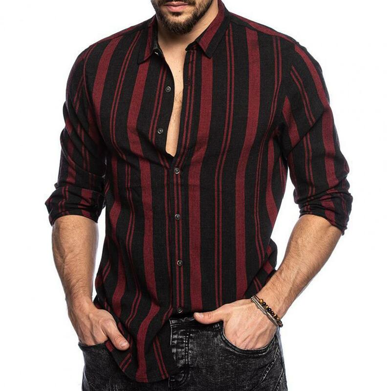 قميص رجالي طويل الأكمام مخطط سترة ، قميص غير رسمي بألوان متطابقة مع ياقة مطوية لأسفل ، مناسب للجسم ، جيد التهوية ، ناعم