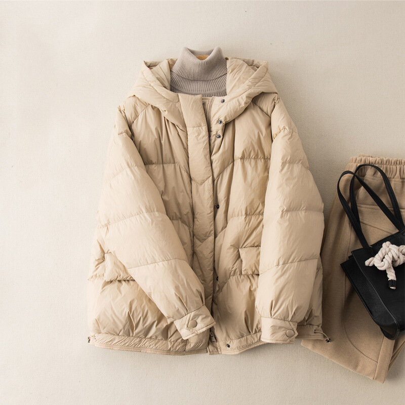 معطف كبير الحجم مبطن بالبطّة للنساء ، سترات دافئة سميكة بغطاء رأس ، سترات باركا غير رسمية مع جيب ، أسود ، أزياء الخريف والشتاء ، ED1705