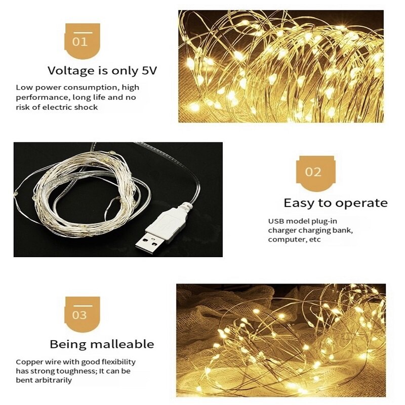 USB LED سلسلة ضوء 1 متر 3 متر 5 متر 10 متر الجنية أضواء عيد الميلاد الأسلاك النحاسية الزفاف جارلاند أضواء لعيد الميلاد ديكور الحفلات