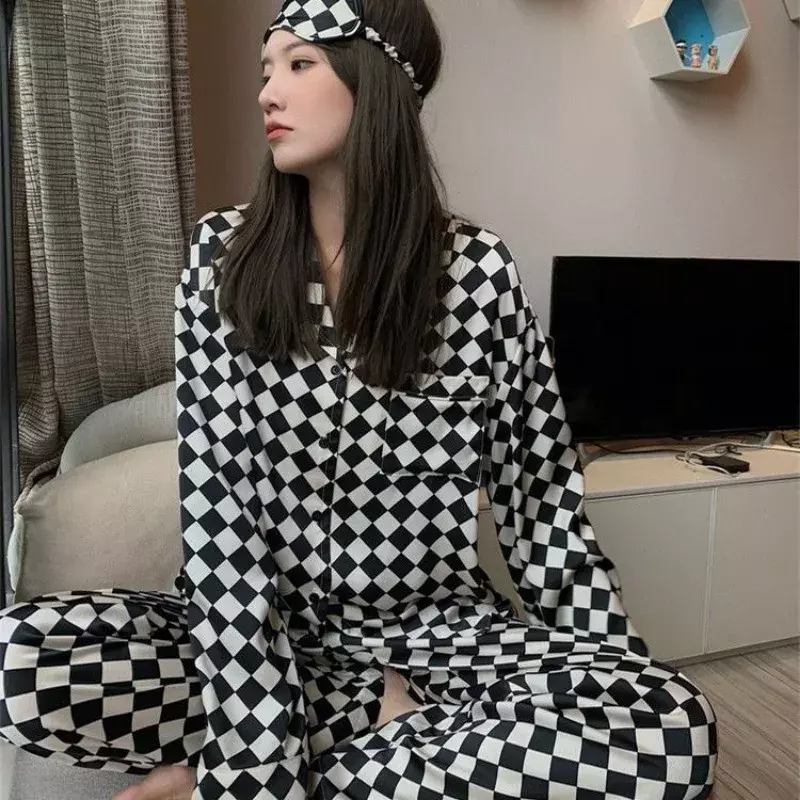 بيجمة نسائية بتصميم رقعة الشطرنج ، النسخة الكورية ، الربيع والخريف ، ملابس منزلية كبيرة الحجم ، جديدة ، بذلة 2