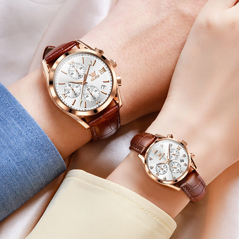 ساعة زوجين مقاومة للماء من OLEVS للرجال والنساء ، ساعة يد كوارتز ، حزام جلدي ، تصميم كرونوغراف ، هدايا العشاق