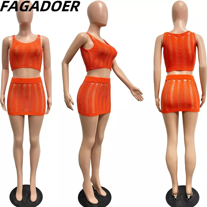 Fagadoer-طقم نسائي من قطعتين ، طقم حياكة مثير ، توب بدون أكمام وتنورة صغيرة ، ملابس نسائية