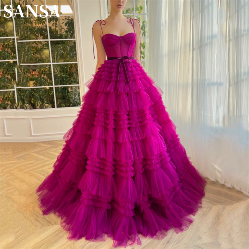 Sansa-فستان حفلة موسيقية متعدد الطبقات من التل على شكل حرف a ، فستان الأميرة منتفخ ، حزام سباغيتي ، فوشيا ، مثير ، سباغيتي