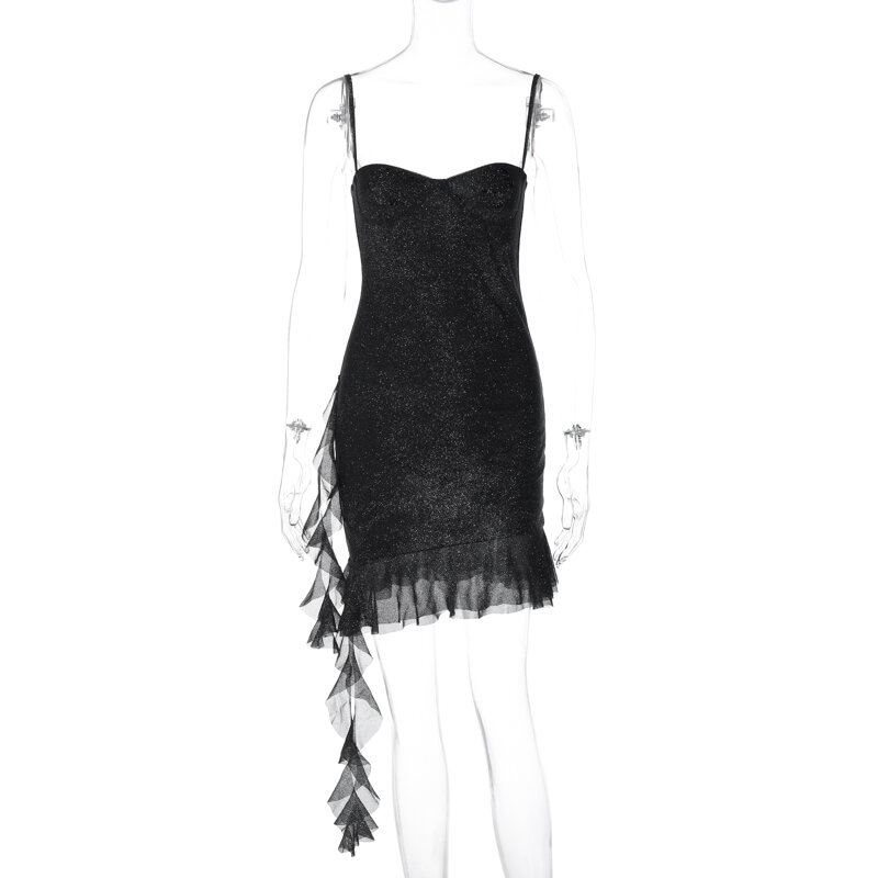 Lygens-فستان بحمالات رفيعة لامع للنساء ، كشكشة صغيرة ، شرابة ، حفلة مسائية ، ملابس غير رسمية أنيقة